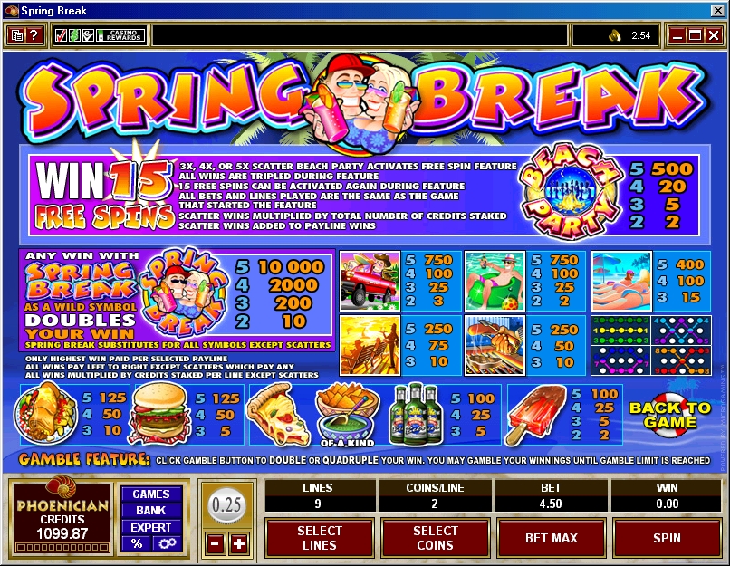 Spring Break Slot Game Paytable