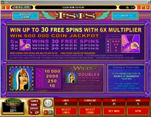 Microgaming Isis Bonus Slot Paytable